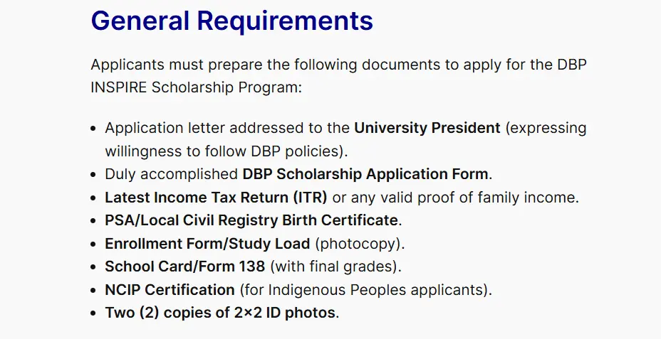 DBP INSPIRE Scholarship Program 2025 - Requirements